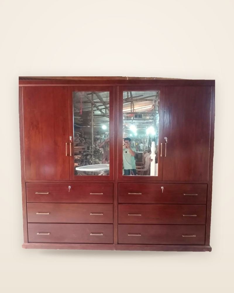 Dark wood-finish wardrobe with full-length mirrored doors